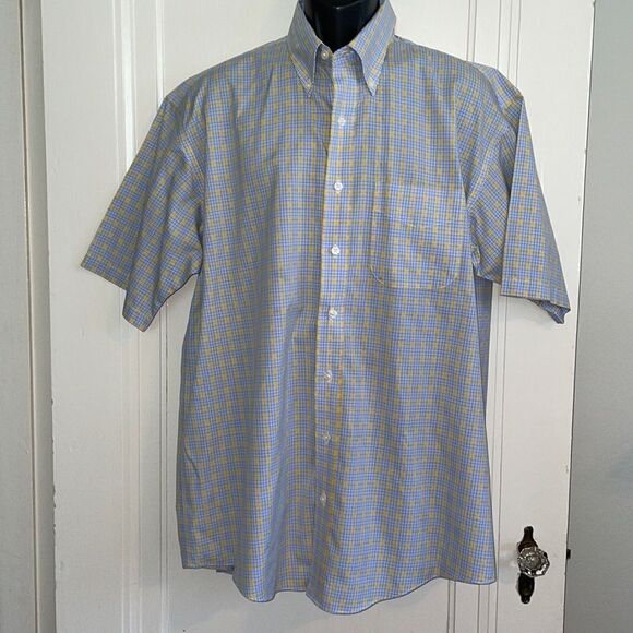 Overton yellow, blue & white check wrinkle resistant cotton short sleeve shirt - Picture 1 of 9